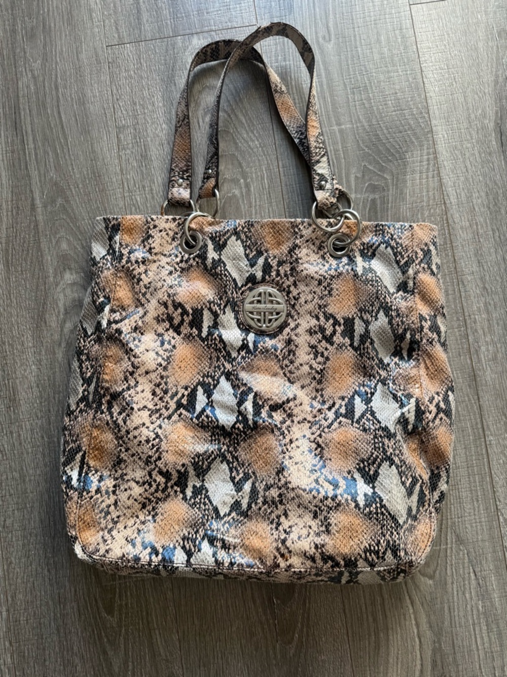 Kate Landry Snake-Print Tote Bag with Metal Emblem - Brown/Black